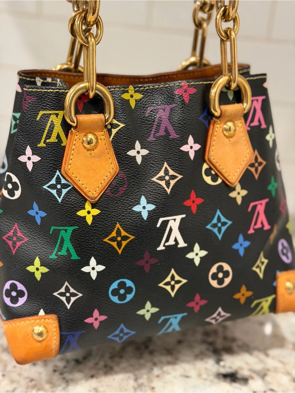 Louis Vuitton Black Multicolor Monogram Satchel with Tan Leather Trim